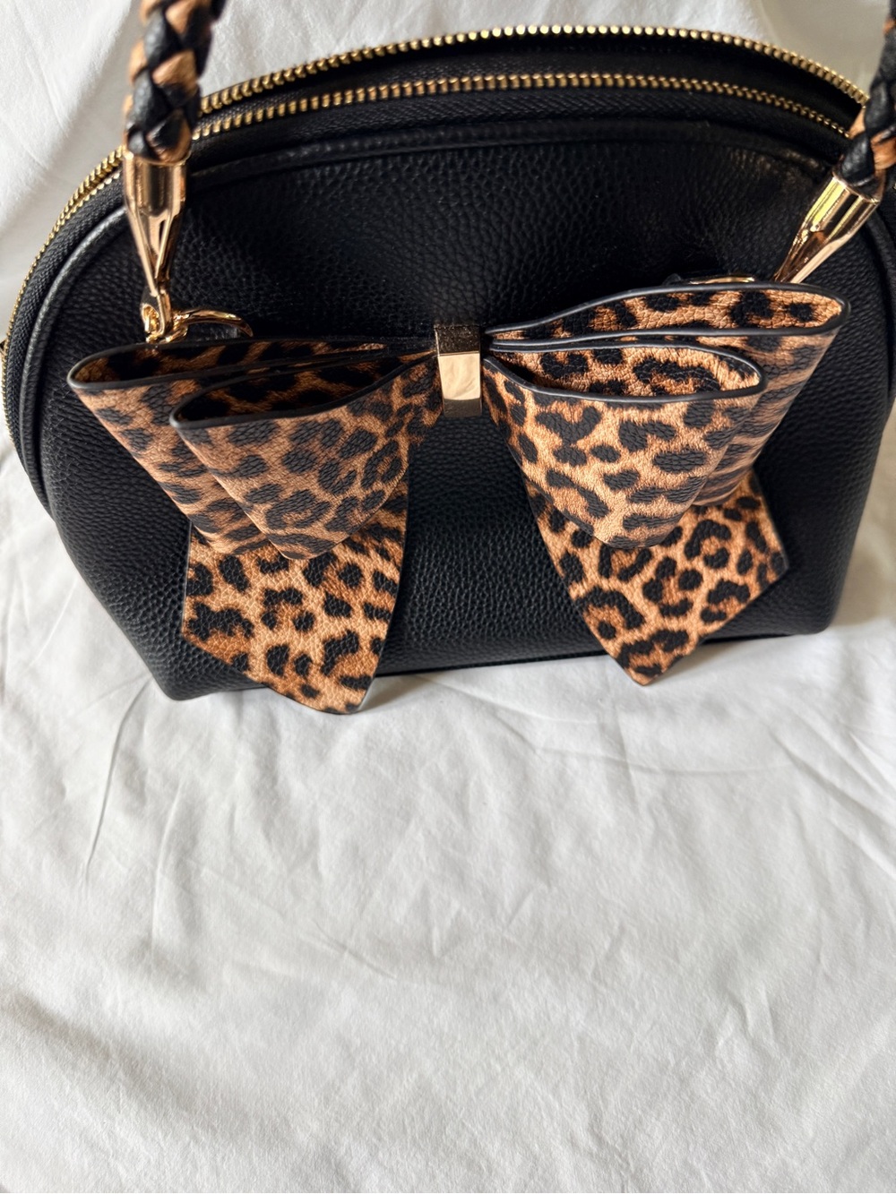 Black Satchel Bag with Leopard Bow Accent by - Picture 2 of 8